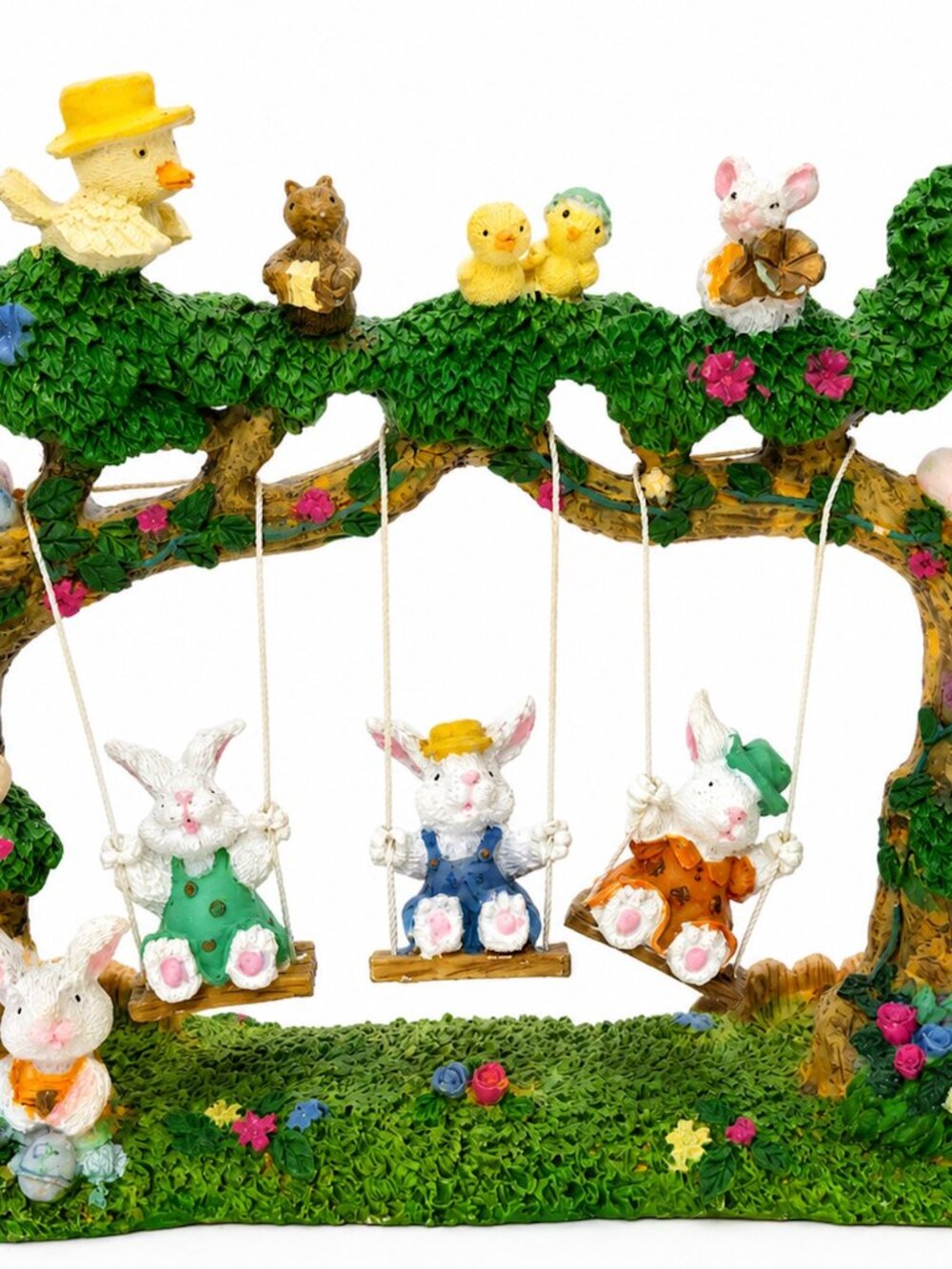 Easter Bunny Swing Scene Resin Figurine Rabbits Birds Spring Tree Table Decor